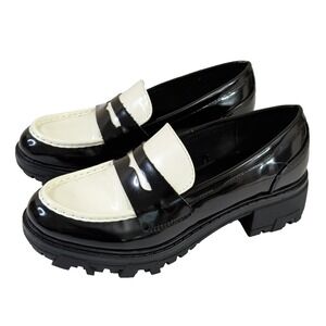 Unisa Chunky Loafer Womens 8 Black White Faux Patent Leather Y2K Indie‎ Sleaze